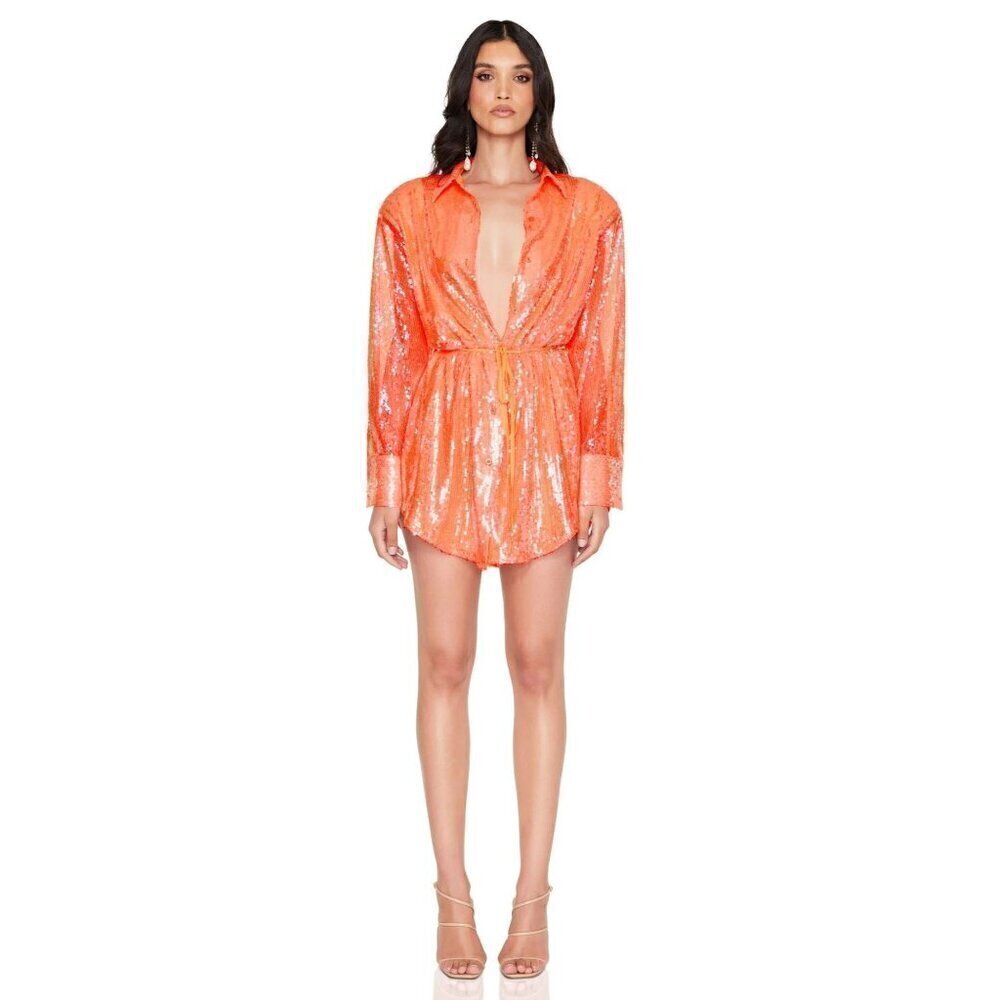 Nookie Oracle Sequin Mini Shirt Dress in Peach Womens Size Large